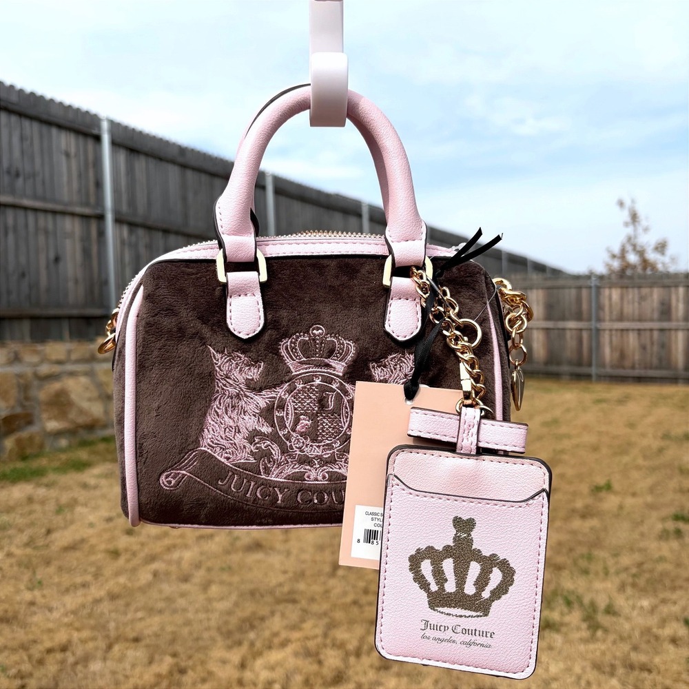 JUICY‎ COUTURE NWT Brown & Pink Velour Mini Satchel Bag with Crown Embroidery